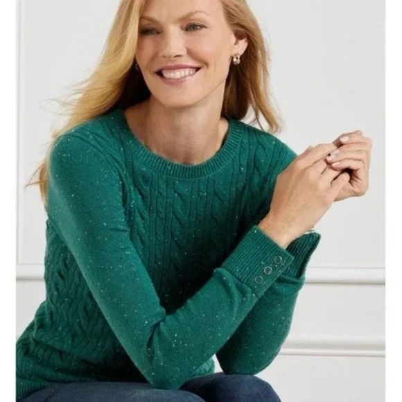 Talbots Cable Knit Sweater Marled Button Cuff Pullover Size XL Green - Picture 1 of 10
